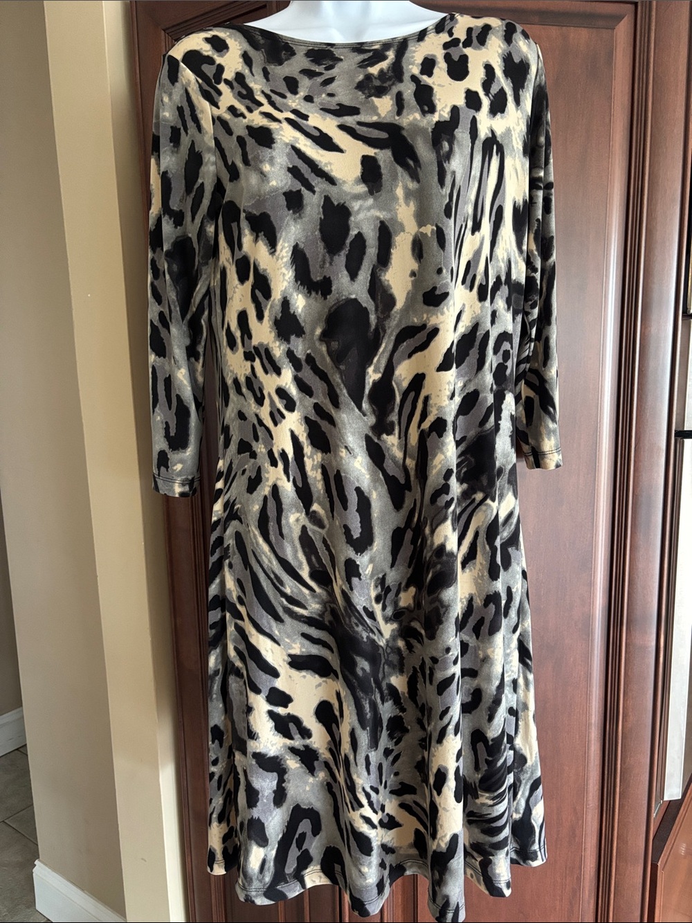 Citiknits Animal Print Long Sleeve Swing Dress in Black and Cream